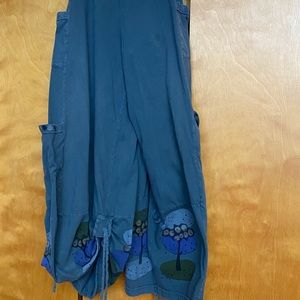 Stylish pants; ties form gathered bottom legs